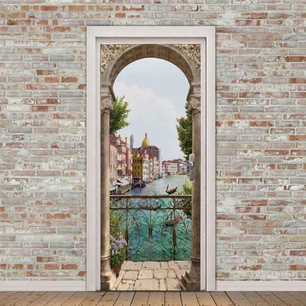 国産 ドアステッカー トリックアート ロマネスク様式 ベランダ バルコニー 川辺 リバーサイド だまし絵シール インテリア Diy Babylonrooftop Com Au