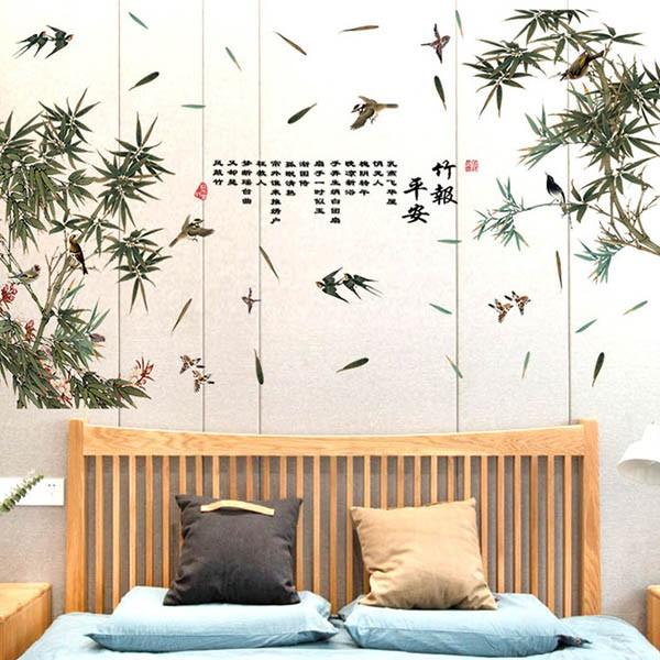 直営限定アウトレット 2枚1セット ウォールステッカー カラー水墨画風 竹林 漢詩 スズメ アジアンテイスト 壁デコ 北欧風 Diy 剥がせる Babylonrooftop Com Au