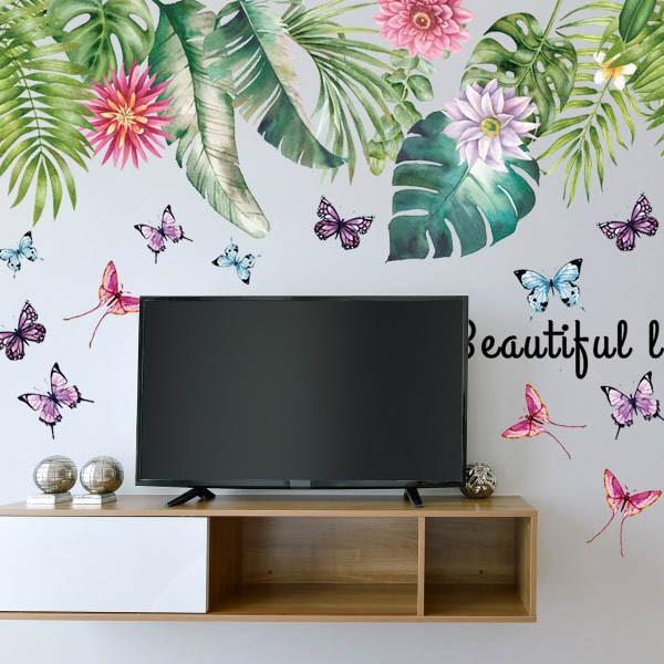 ウォールステッカー 2枚セット 鮮やか モンステラ 水彩手描きタッチ ハワイアン 観葉植物 バナナの葉 寝室 リビング 壁デコ バリ 南国 北欧風 蝶 日本メーカー新品 Diy