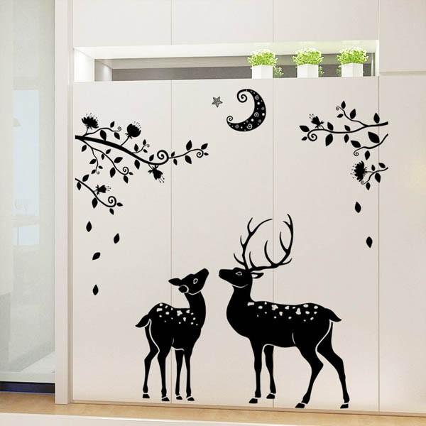 ウォールステッカー 影絵風 月夜と鹿 アート インテリアシール 窓枠 壁