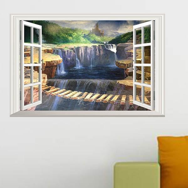 売りつくし ウォールステッカー 滝と吊り橋 自然風景 6090 だまし絵 トリックアート 風景写真 絵画 3D窓フレーム  DIY