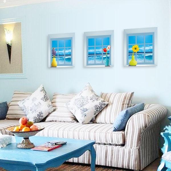 訳あり) 3枚1セット だまし絵ウォールステッカー 小窓 海 風景