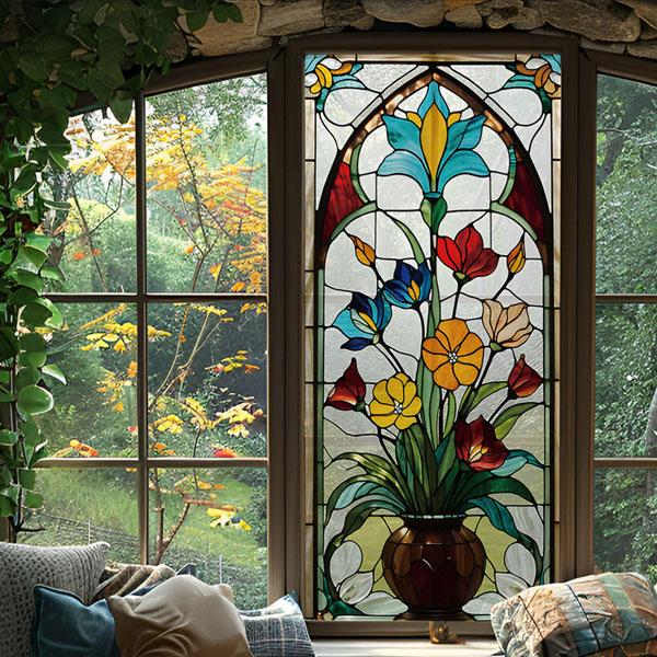 ガラスステッカー ステンドグラス 教会風 花瓶 フラワー パターン