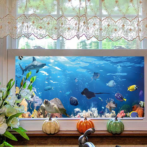 ガラスステッカー 深海 海の中 サメ 熱帯魚 エイ サンゴ礁 目隠し
