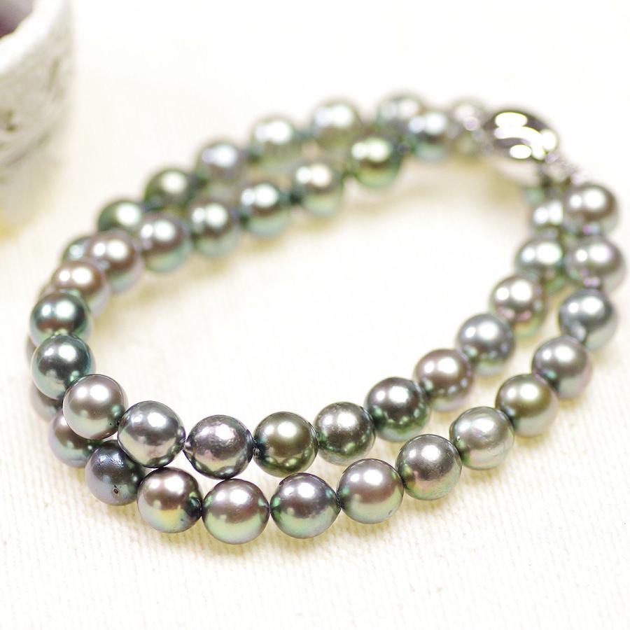 アコヤ真珠 ネックレス 8.5mm - 9.0mm 9mm ピーコックグリーン染
