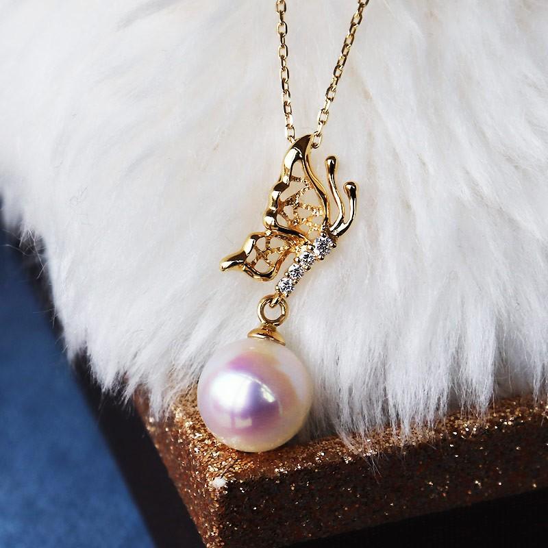 K18 あこや真珠8.5-9ミリ 蝶々 DIA ネックレス ダイア akoya necklace  
