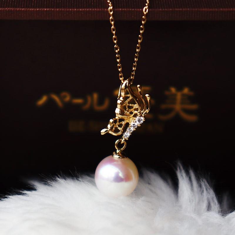K18 あこや真珠8.5-9ミリ 蝶々 DIA ネックレス ダイア akoya necklace