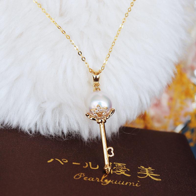 K18 あこや真珠 DIA 鍵ペンダント<br>ダイア akoya necklace D0.006ct 