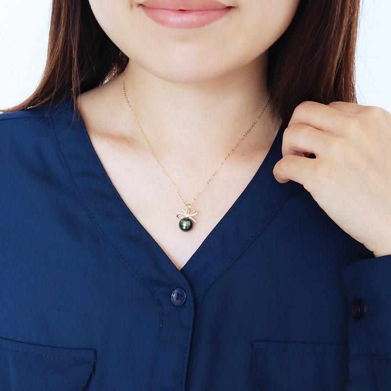 K18 黒蝶真珠 DIA ペンダント<br>リボン ダイア tahitian pearl 