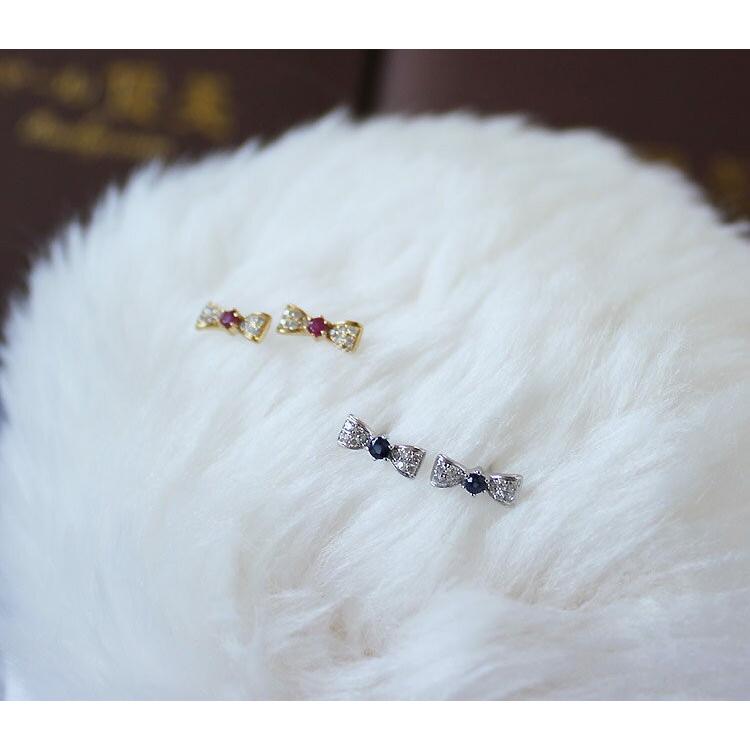 K18 or K18WG DIA RUBY SAPPHIRE ピアス リボン ダイア ルビー