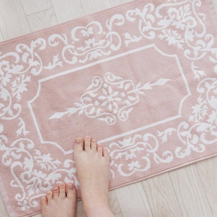 バスマット タオル地 綿100％ ピンク アラベスク 44×70 洗える お風呂