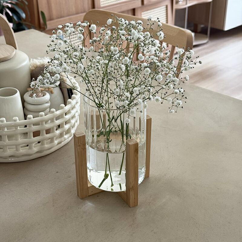 花瓶 フラワーベース ガラス 木製スタンド付き 竹スタンド シンプル