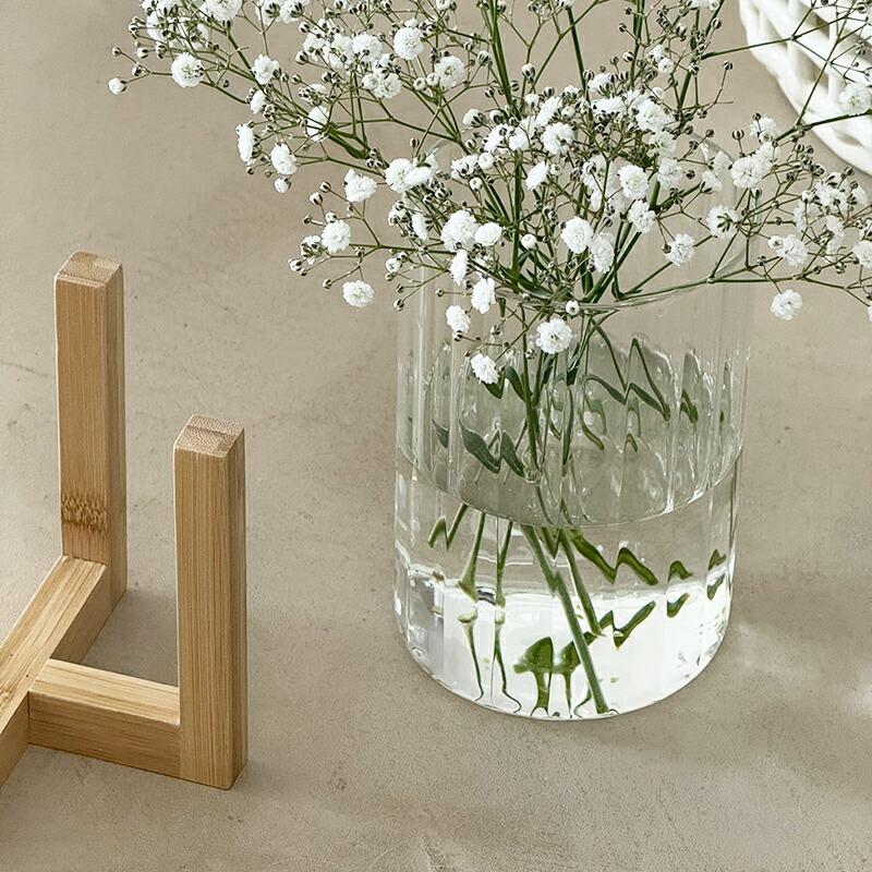 花瓶 フラワーベース ガラス 木製スタンド付き 竹スタンド シンプル