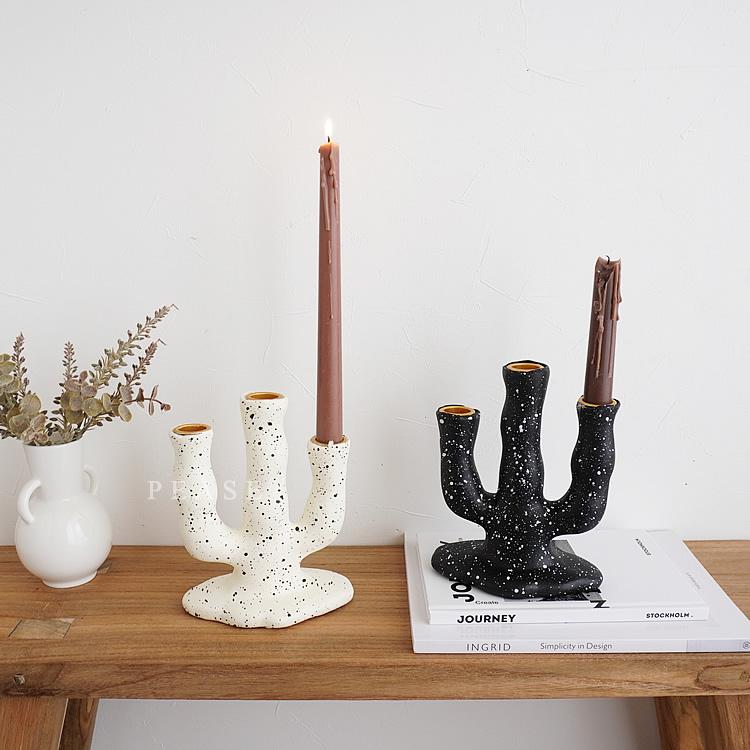 キャンドルホルダー 3灯タイプ 飛び散り柄 ホワイト ブラック テーパー