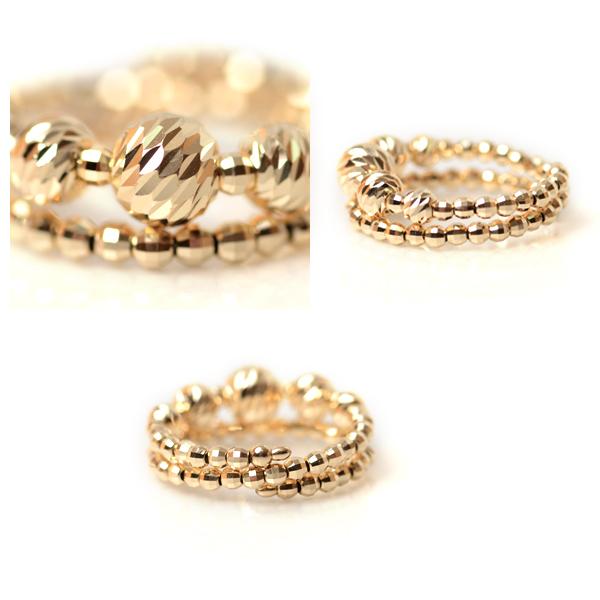 リング k18 2連調 5mm玉入り ミラーボール 18金 コイルリング