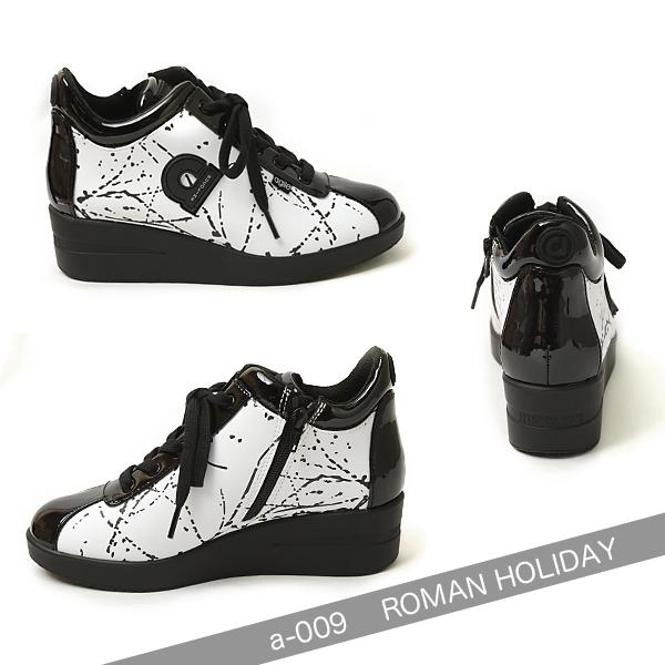 ルコライン 靴 アージレ バイ ルコライン スニーカー agile-009WH ROMAN HOLIDAY ホワイト地 ブラックペイント柄 合皮 ファスナー付 agile by RUCO LINEの画像