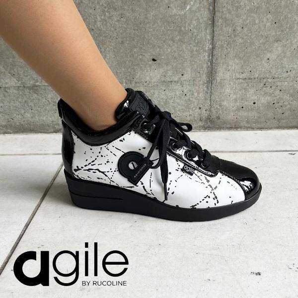ルコライン 靴 アージレ バイ ルコライン スニーカー agile-009WH ROMAN HOLIDAY ホワイト地 ブラックペイント柄 合皮 ファスナー付 agile by RUCO LINEの画像