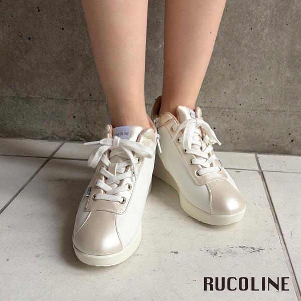 ルコライン スニーカー ルコライン 靴 RUCO LINE RUCO-010GO CALF PU LUX ベージュ ホワイト ゴールド Rマーク サイドファスナー付 ３E 幅広 レディースの画像