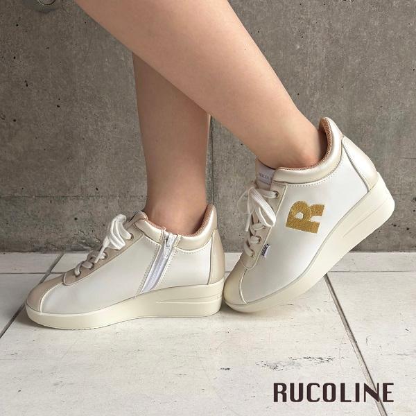 ルコライン スニーカー ルコライン 靴 RUCO LINE RUCO-010GO CALF PU LUX ベージュ ホワイト ゴールド Rマーク サイドファスナー付 ３E 幅広 レディースの画像
