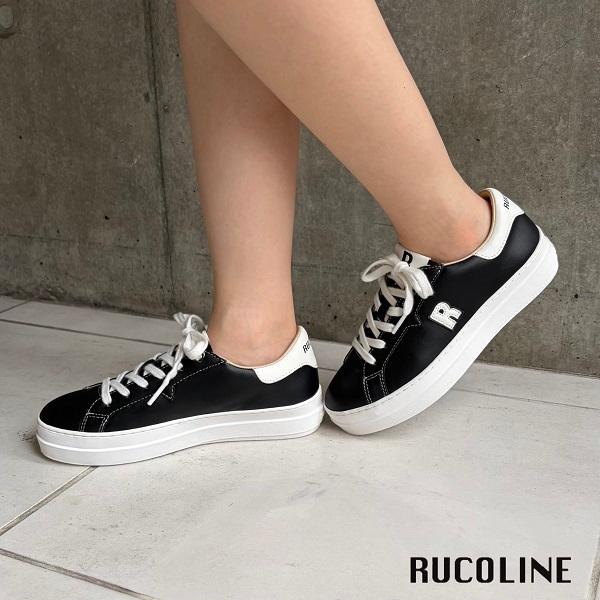 ルコライン スニーカー ルコライン 靴 RUCO LINE RUCO-018BK CALF PU LUX ブラック 黒 合皮 無地 ローカット ファスナー無し フラットソール レディースの画像