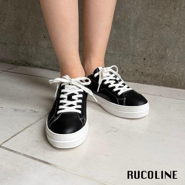 ルコライン スニーカー ルコライン 靴 RUCO LINE RUCO-018BK CALF PU LUX ブラック 黒 合皮 無地 ローカット ファスナー無し フラットソール レディースの画像