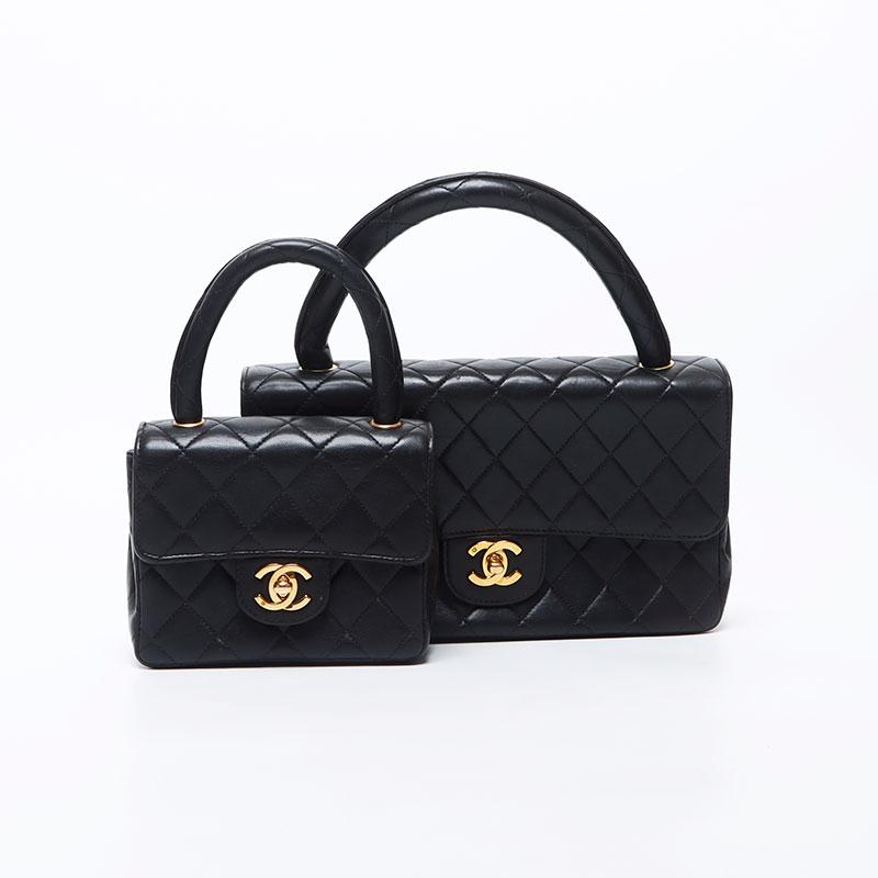 シャネル CHANEL ハンドバッグ 親子バッグ ラムスキン 1番台 ラムスキン ブラック【中古】の画像