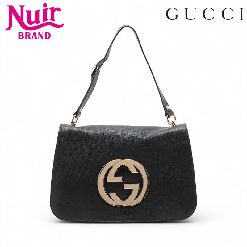 【美品】GUCCI ハンドバッグ　インターロッキング　レザー　ブラック GUCCI】セミショルダーバッグインターロッキングG レザーブラック