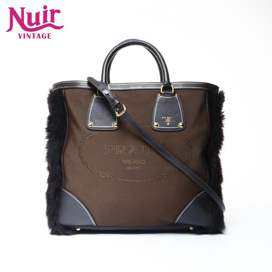 PRADA（プラダ） トートバッグ キャンバス ジャガード ロゴ ファー