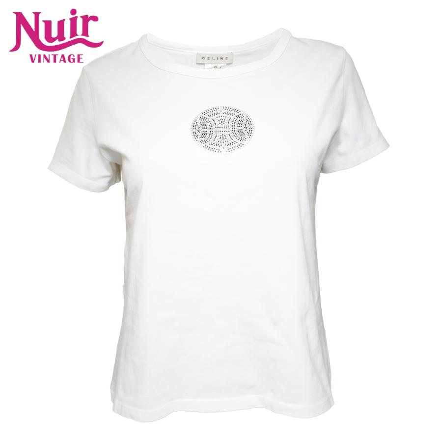 CELINE トリオンフ ロゴ Tシャツ 半袖 ホワイト【正規品】 CELINE（セリーヌ） 半袖Tシャツ ラインストーン ロゴ コットン L