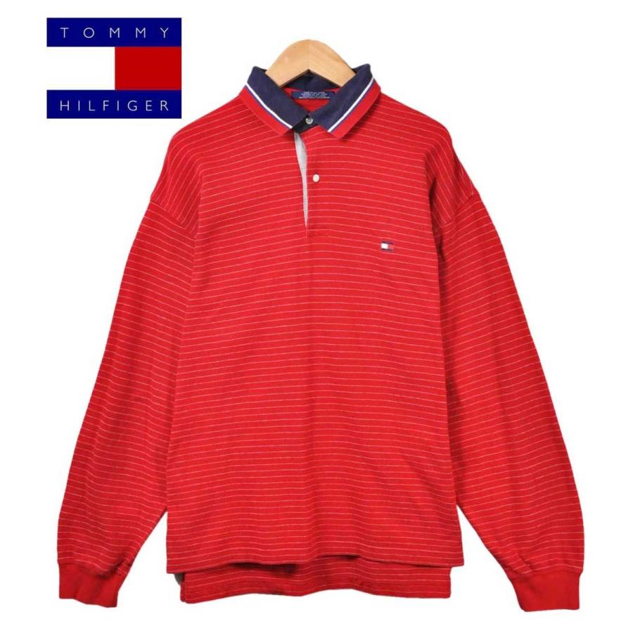 ビッグサイズ TOMMY HILFIGER トミーヒルフィガー 長袖 ポロシャツ レッド ボーダー柄 メンズXL相当｜penguintripper2