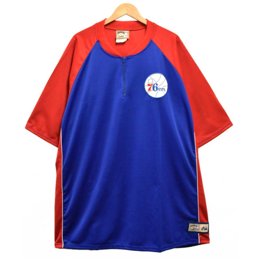 ビッグ Majestic HARDWOOD CLASSICS NBA Philadelphia 76ers Sixers 半袖ハーフジップ ウォームアップシャツ 5XL相当(39268｜penguintripper2