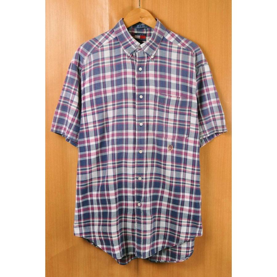 ビッグサイズ Tommy Hilfiger トミーヒルフィガー 半袖シャツ ボタンダウン パープル ピンク ホワイト チェック柄 メンズxl相当 古着雑貨ペンギントリッパー 通販 Yahoo ショッピング
