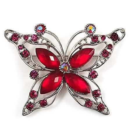 Avalaya Magenta Diamante Butterfly Brooch (Silver Tone)