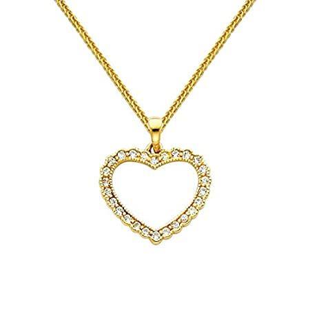 14K イエローゴールド オープンハート キュービックジルコニア ペンダント 0.8mm 編組 スクエア ウィートチェーンネックレス