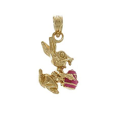 14 Kイエローゴールド休日チャームペンダント、3d Easter Bunny Holding卵ピンク、Textured