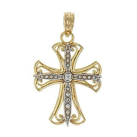 14 Kツートンゴールド宗教チャームペンダント、ホワイトクロスwithイエローフレームカットアウト