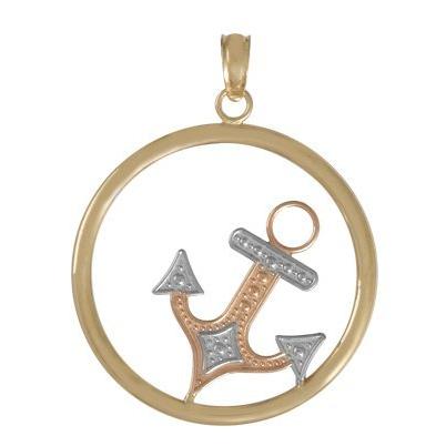 14K 3色ゴールド 航海チャームペンダント ビーズアンカー ラウンドフレーム