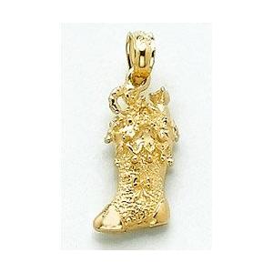 14k Yellow Gold Holiday Charm Pendant, 3-D Christmas Stocking Satin & High