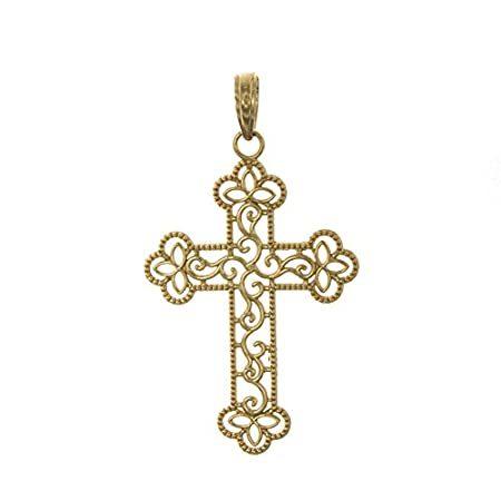 最新コレックション 14k イエローゴールド スクロールパターン 3面十字架 宗教チャームペンダント ネックレス ペンダント Www Gatorheatandair Com