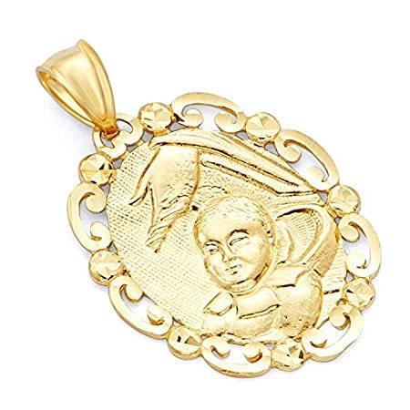 Wellingsale 14 KイエローゴールドポリッシュMilgrain Ornate Religious洗礼チャームペンダント
