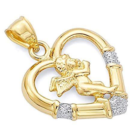 Wellingsale 14 Kイエローゴールド光沢仕上げハート型Ornate Religious Cherubエンジェルチャームペンダントwith