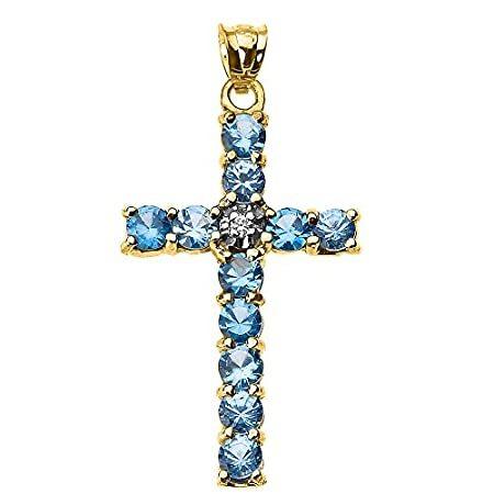 Fine 10 KイエローゴールドダイヤモンドとライトブルーCZクロスペンダント