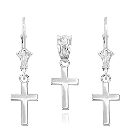 ミニクロスチャームペンダントとイヤリングセットポリッシュで14 Kホワイトゴールド ミニ クロス チャームの通販