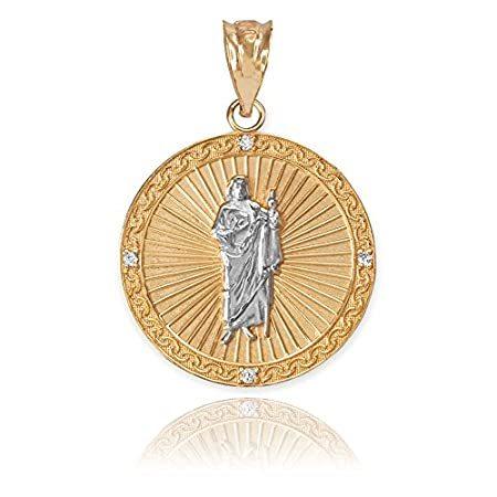 14 KツートンゴールドSaint Jude Thaddeusダイヤモンドラウンドメダルチャームペンダント(スモール)