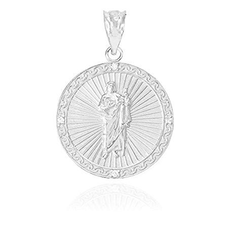 14 KホワイトゴールドSaint Jude Thaddeusダイヤモンドラウンドメダルチャームペンダント(スモール)