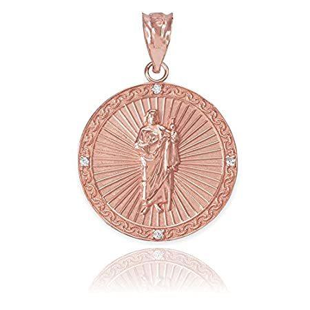 14 KローズゴールドSaint Jude Thaddeusダイヤモンドラウンドメダルチャームペンダント(スモール)