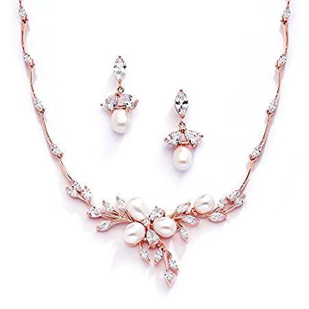Mariell 14K ローズゴールドメッキ CZ ブライダル ウェディング 淡水パール ネックレスとイヤリング ジュエリーセット