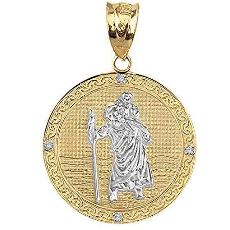 10 KツートンゴールドSaint Christopherダイヤモンドラウンドメダルカトリック保護ペンダント( 1.16インチ)