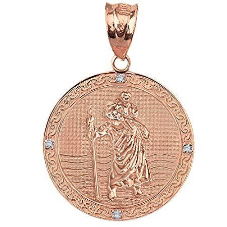 10 KローズゴールドStクリストファー・ダイヤモンドMedalカトリックチャームトラベラー保護ペンダント(1.16インチ)