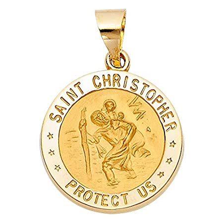 Wellingsale 14 Kイエローゴールド光沢宗教聖クリストファー・「聖クリストファー・保護US」チャームペンダントwith Starアクセント